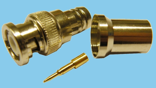 Conector BNC macho para crimpar en cables RG213 y RG11 con terminal de carga de 50 Ω, en Biltron.