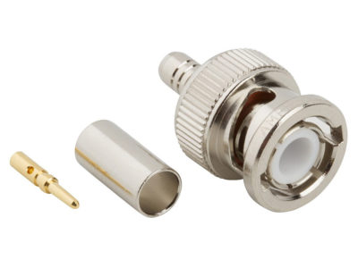 Conector BNC macho para crimpar en cables FLEX 2 con terminal de carga de 75 Ω, en Biltron.