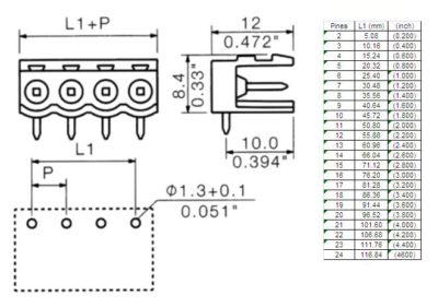Borna macho-codo para PCB, 4 vías, paso=5.08mm