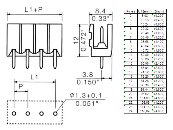 Borna macho-recto para PCB, 7 vías, paso=5.08mm - Imagen 2