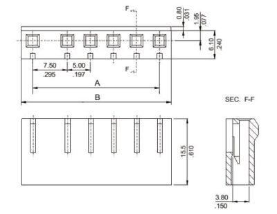 Conector hembra 4 pines , terminal engaste, paso = 5 / 7.5 mm