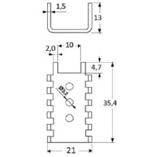 Disipador anodizado negro para TO-126-220-SOT32 con patas PCB, longitud 35,4 mm, Rt ºC/W = 16