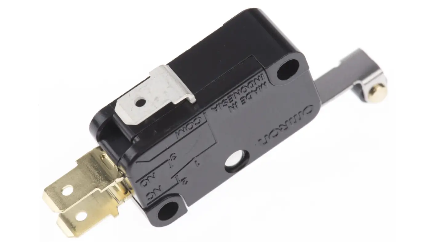 Interruptor en miniatura con palanca de bisagra de Omron, disponible en Biltron.