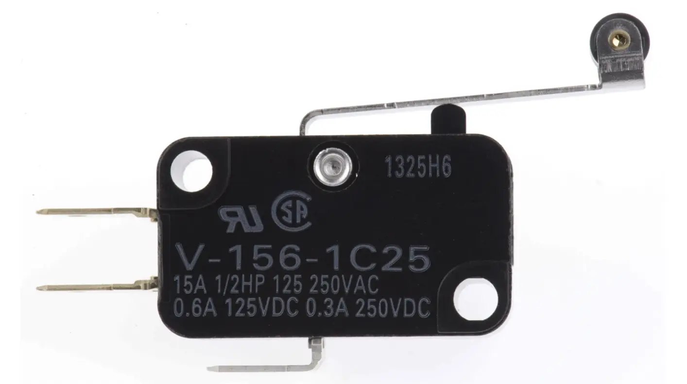 Interruptor en miniatura con palanca de bisagra de Omron V-156-1C25, disponible en Biltron.