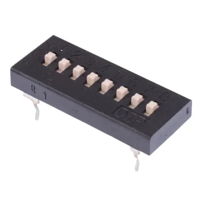 Microinterruptor Diptronics TDS-08-V, DIP/SIP de perfil bajo y tri-estado, disponible en Biltron.