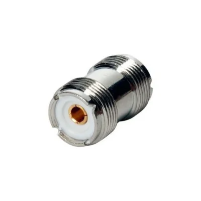 Conector UHF doble hembra PL258, disponible en Biltron.