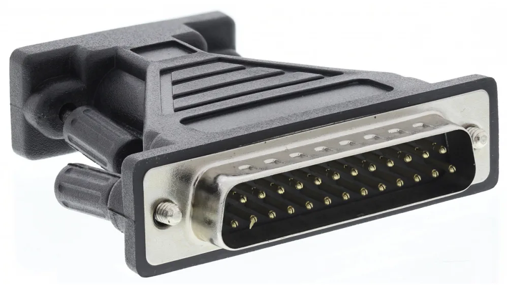 Adaptador largo sin cable macho Sub D de 25 pines a macho Sub D de 9 pines, disponible en Biltron.