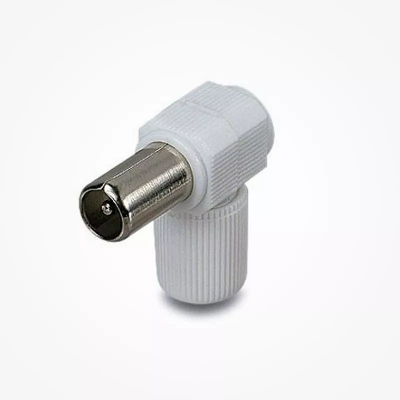 Conector de antena macho con codo con diámetro de 9.52 mm, disponible en Biltron.