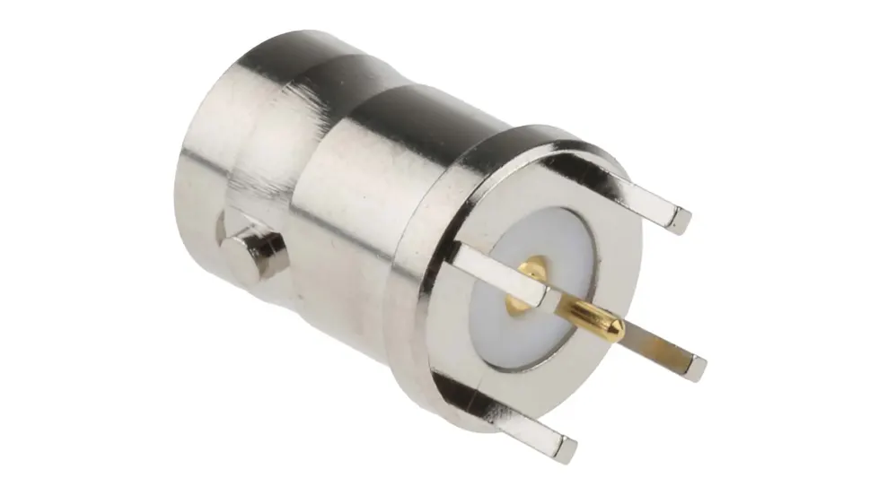 Conector BNC hembra recto para PCB con terminal de carga de 50 Ω, disponible en Biltron.