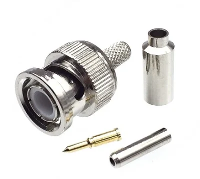 Conector BNC macho para crimpar en cables RG174 con terminal de carga de 50 Ω, en Biltron.