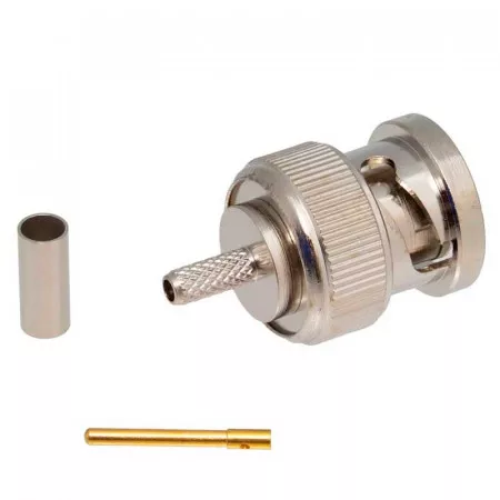 Conector BNC macho para crimpar en cables RG174 con terminal de carga de 50 Ω, en Biltron.