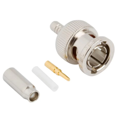 Conector BNC macho de crimpar en cables RG179 con terminal de carga de 75 Ω, en Biltron.