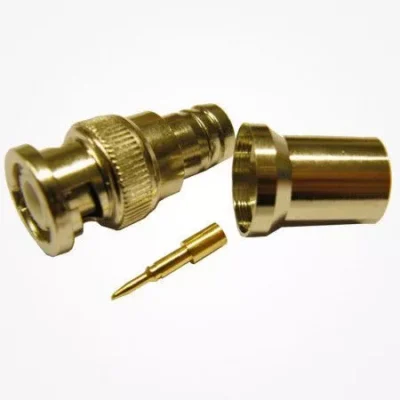Conector BNC macho para crimpar en cables RG213 y RG11 con terminal de carga de 50 Ω, en Biltron.