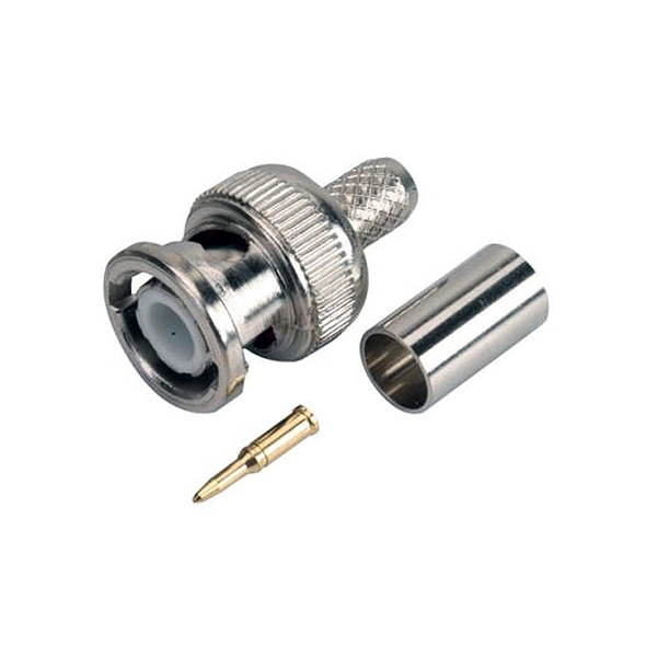 Conector BNC macho para crimpar en cables RG58 con terminal de carga de 50 Ω, en Biltron.