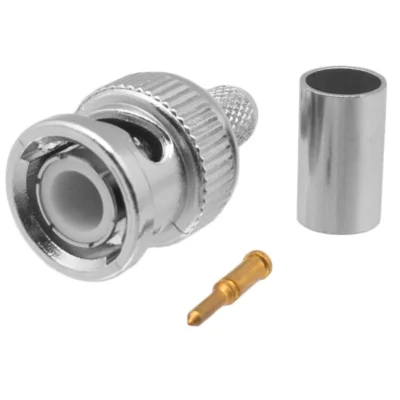 Conector BNC macho para crimpar en cables RG59 con terminal de carga de 75 Ω, en Biltron.