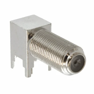 Conector F hembra con codo para PCB y rosca de 18 mm, disponible en Biltron.