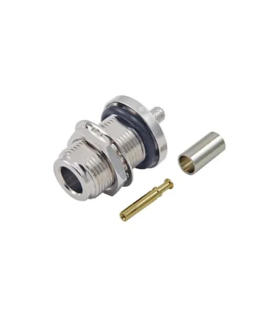 Conector N hembra aéreo para crimpar en cables RG58 con terminal de carga de 50 Ω, en Biltron.