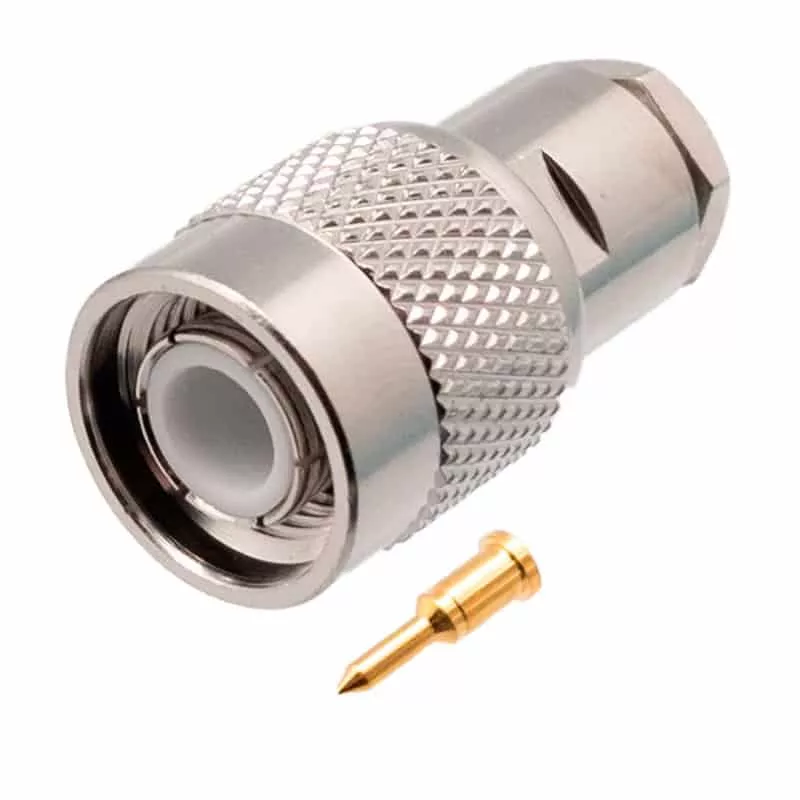 Conector TNC macho para crimpar en cables RG58 con terminal de carga de 50 Ω, en Biltron.