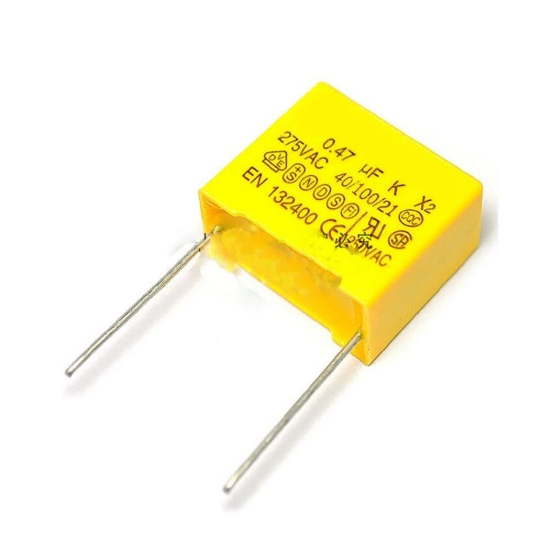 Imagen de un condensador de polipropileno metalizado tipo X2, de 1 microfaradio, 275 Vac y paso de 27.5 mm, en Biltron.