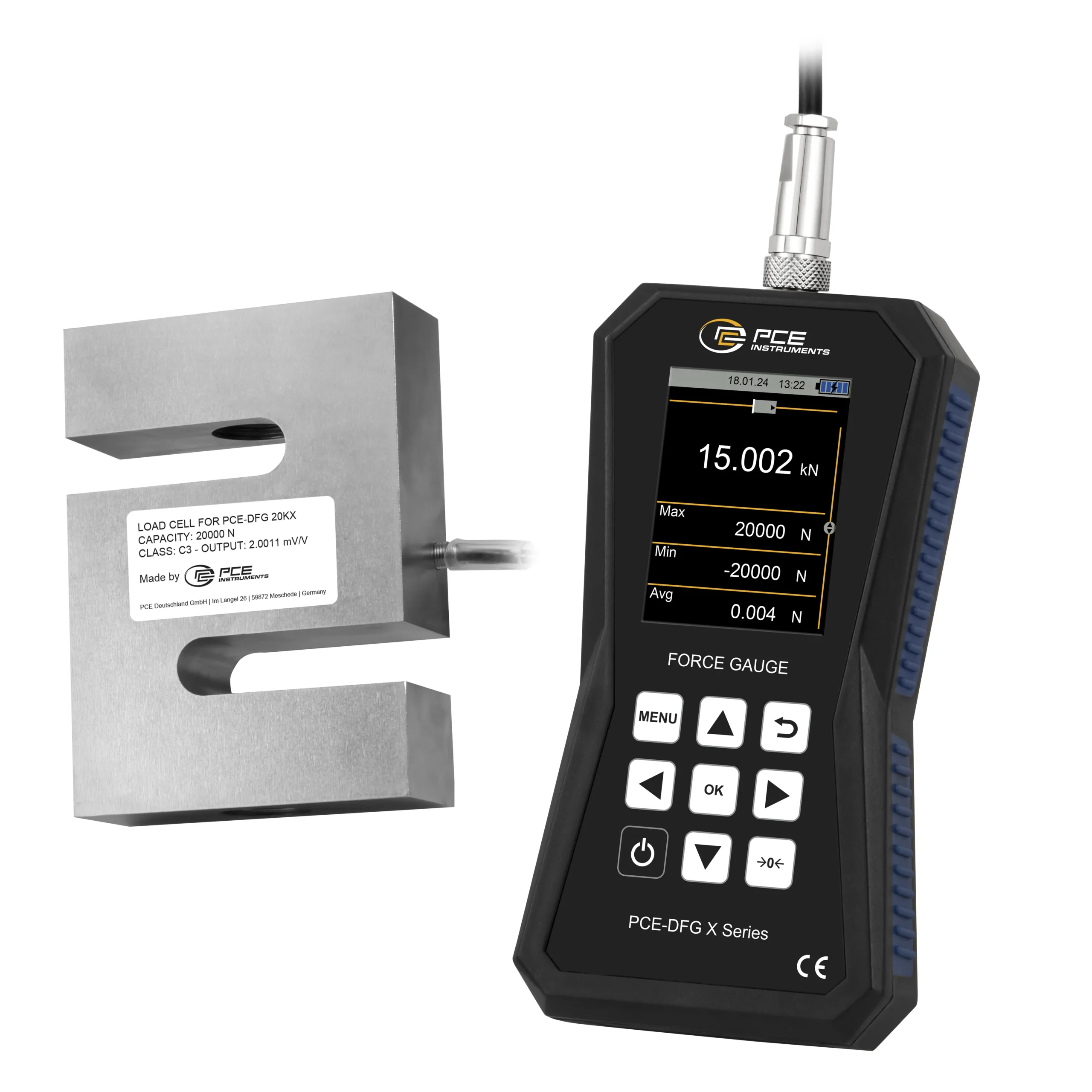 Imagen del Dinamómetro PCE DFG 20K X de PCE Instruments con compresión hasta 20000 N, en Biltron.