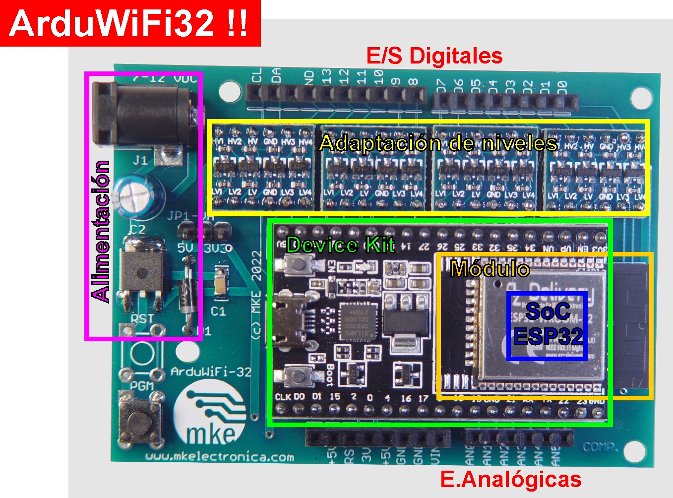 Esquema de la tarjeta ArduWiFi-32 con distribución de pines, alimentación, adaptación de niveles y módulo ESP32