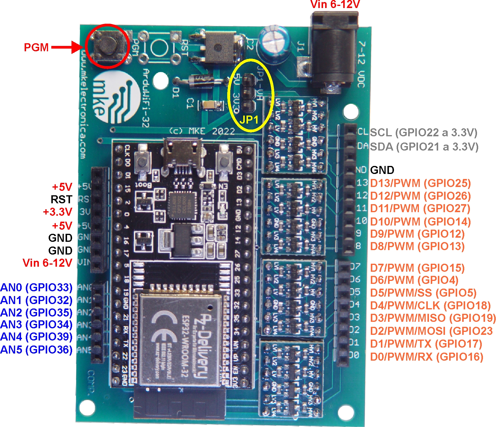 Distribución de pines y conexiones de la tarjeta ArduWiFi-32 basada en ESP32 compatible con Arduino UNO