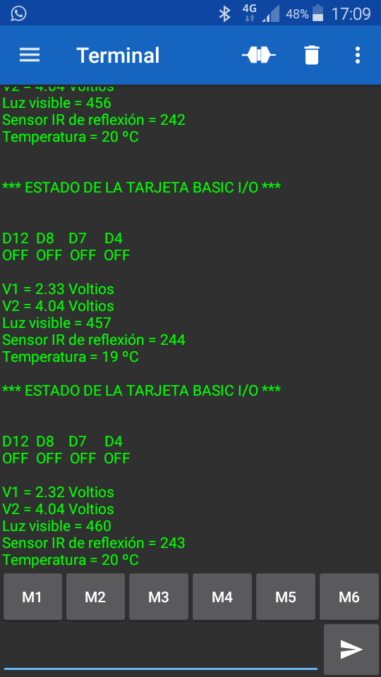 Monitorización de sensores y entradas de la tarjeta BASIC I/O para Arduino mediante aplicación Bluetooth Terminal