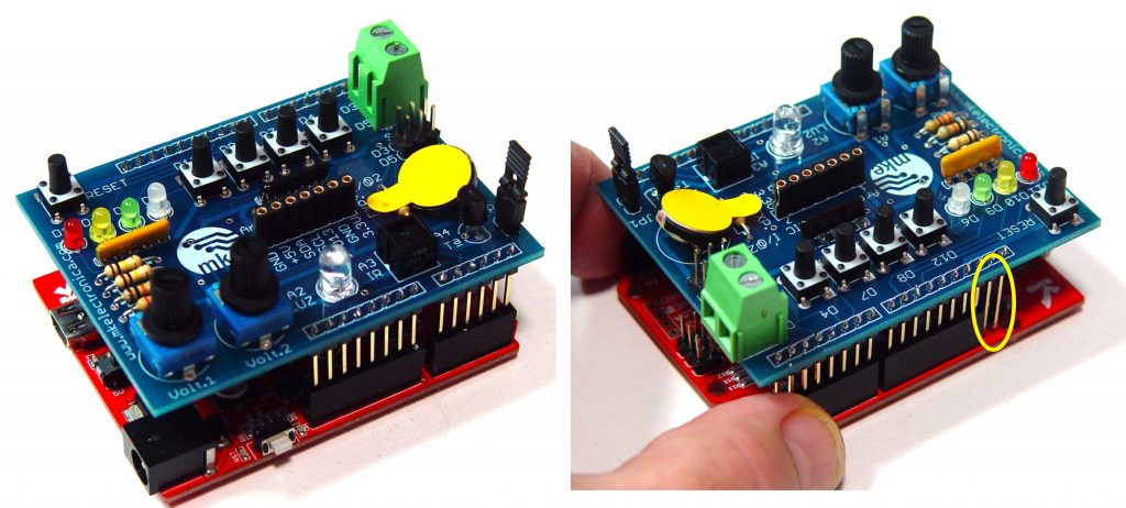 Tarjeta BASIC I/O de MK Electrónica conectada a placa Arduino para pruebas de entradas y salidas