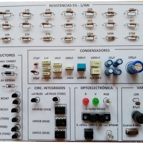 Kit Módulo 1 de electrónica básica con circuito de práctica montado en entrenador electrónico