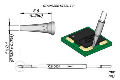 Cartucho JBC C210 con punta 1 × 0.1 mm para eliminación de conformal coating en PCB