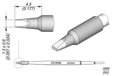 Cartucho JBC C210 con punta cincel 1.3 × 0.6 mm para soldadura de precisión