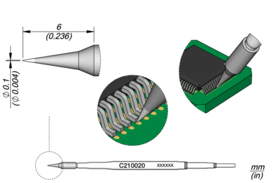 Cartucho JBC C210 con punta cónica de 0.1 mm para soldadura de alta precisión
