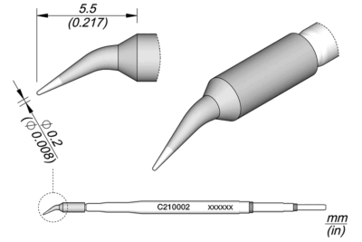 Cartucho JBC C210 con punta cónica doblada de 0,2 mm para soldadura de precisión