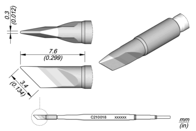 Cartucho JBC C210 con punta cuchilla 3.4 × 0.3 mm para soldadura de precisión
